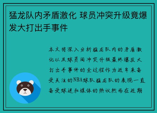 猛龙队内矛盾激化 球员冲突升级竟爆发大打出手事件