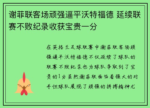 谢菲联客场顽强逼平沃特福德 延续联赛不败纪录收获宝贵一分