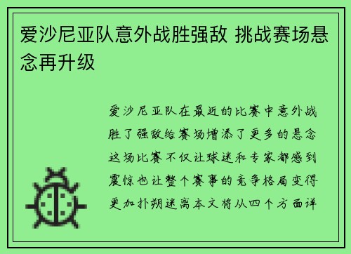 爱沙尼亚队意外战胜强敌 挑战赛场悬念再升级