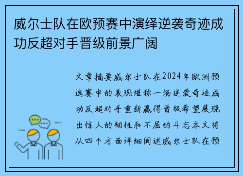 威尔士队在欧预赛中演绎逆袭奇迹成功反超对手晋级前景广阔